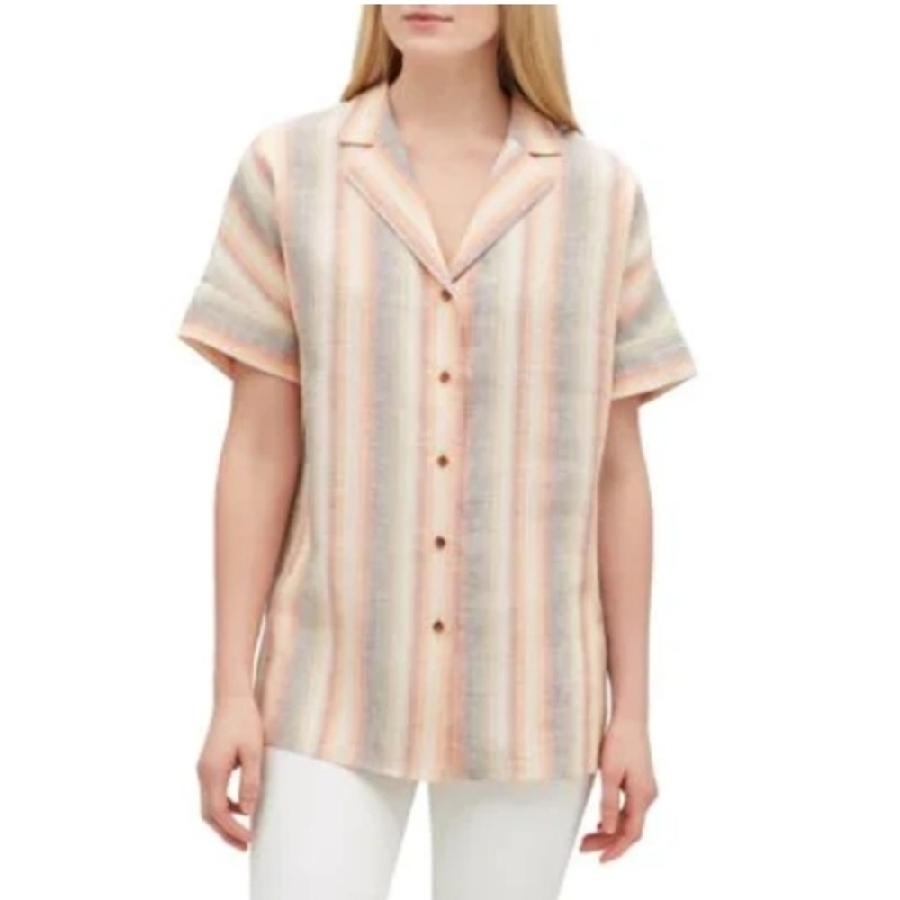 Lafayette 148 Wendell Skyscraper Striped Linen Shirt Sedona XS